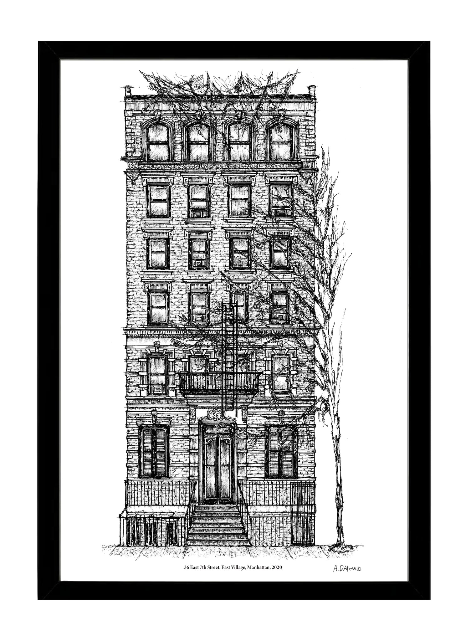12” x 16” New York City art print. Pen and ink illustration.  East Village Apartment Building