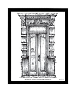 12” x 16” New York City art print. Pen and ink illustration. East Village Apartment Door