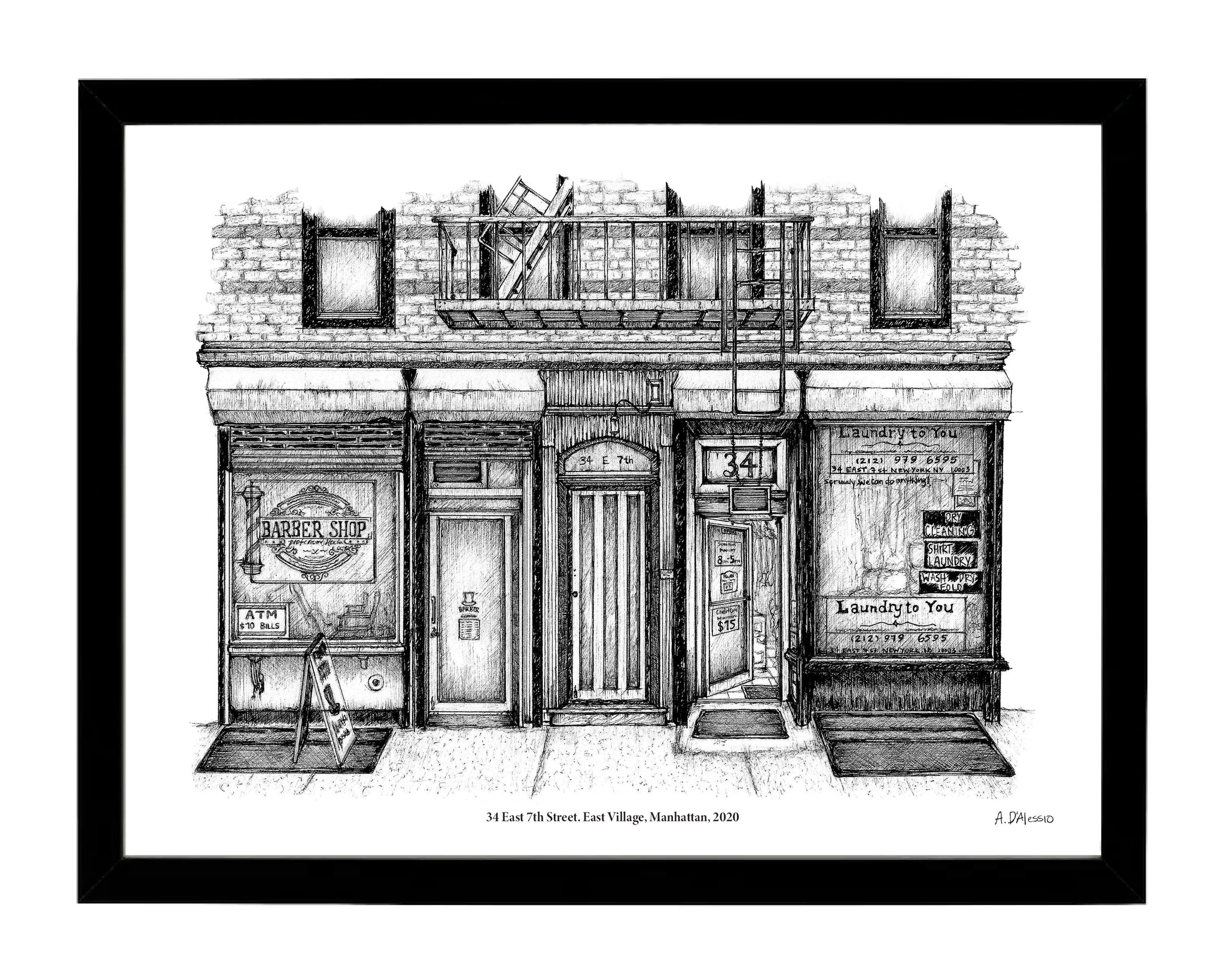 12” x 16” New York City Fine  art print. Pen and ink illustration. New York City Barber Shop & Laundromat
